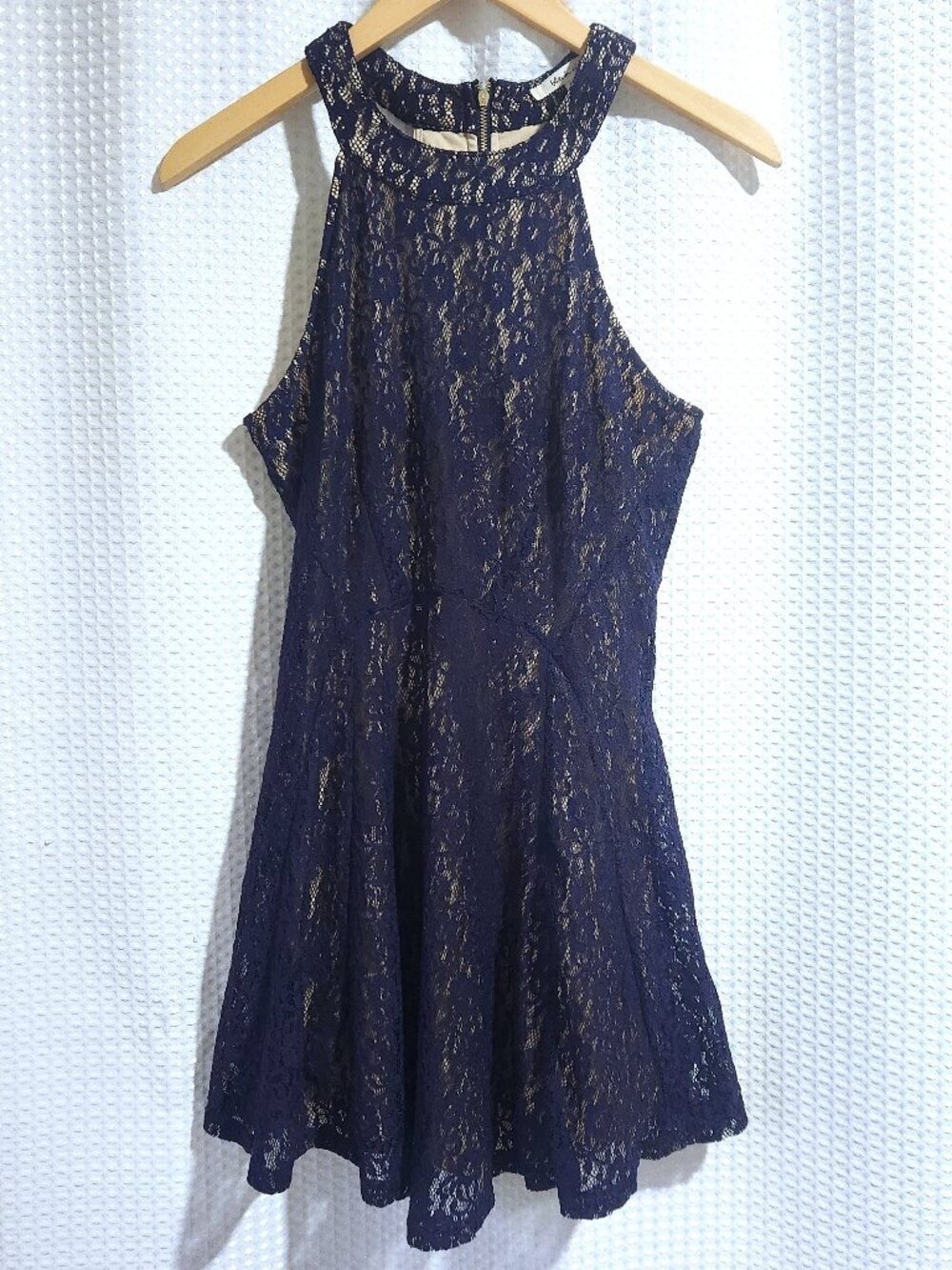 Navy Lace Fit & Flare Dress – Beige Lining – Party / Wedding Guest – Women’s Med - Picture 1 of 8